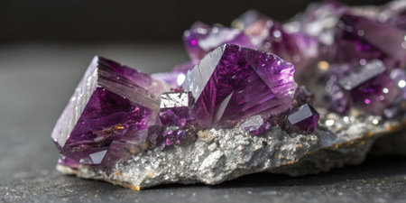 A stunning arrangement of amethyst crystals showcases vibrant purple colors and sharp geometric...