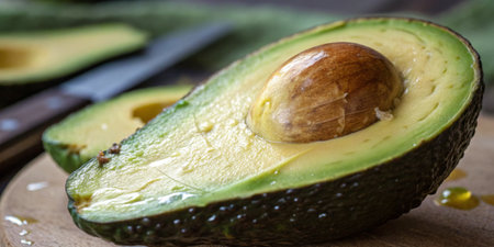 Fresh avocado is halved to showcase its creamy texture and large seed. A knife rests in the...