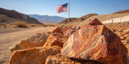 Colorful rocks are prominently displayed in the foreground while a flag waves gently in the background against a vast desert backdrop. The sun illuminates the scene, enhancing the natural beauty.の写真素材