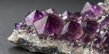 Sparkling purple amethyst crystals exhibit intricate geometric shapes and vibrant color variations,...