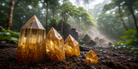 Amber-hued crystals of various sizes are arranged on a soft forest floor, surrounded by vibrant...