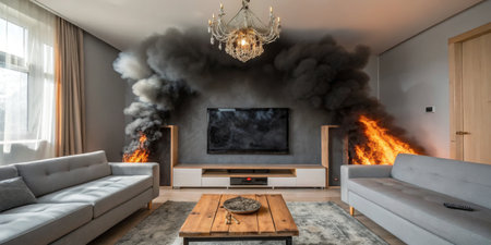 Flames and thick smoke dominate a modern living room, with furniture intact but clearly affected by...