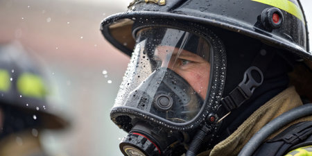 A firefighter, clad in protective gear and a mask, stands focused amidst rain, likely preparing for a crucial firefighting task in an urban environment.の写真素材