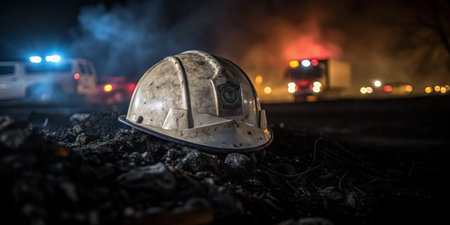 A hard hat rests on the ground covered in dirt after an intense industrial fire at night. Emergency vehicles illuminate the area as firefighters work to control the blaze.の写真素材