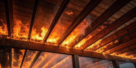Bright flames consume wooden beams in a building while water sprays from hoses in a desperate effort to extinguish the fire at night. Smoke fills the air as firefighters work tirelessly.の写真素材