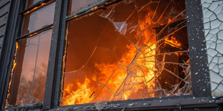 A fiery blaze consumes the interior of a derelict structure as flames leap through broken windows,...