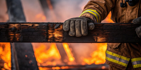 A firefighter stabilizes a burnt wooden beam while battling an intense residential fire. Flames rise...