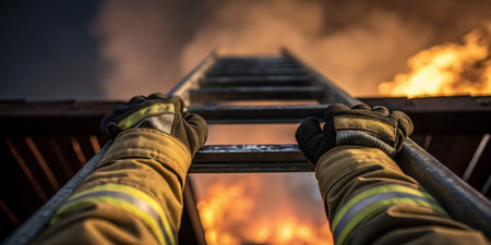 A firefighter climbs a metal ladder, gripping it tightly while flames illuminate the dark sky. The intense heat and smoke challenge the heroic effort to extinguish the fire.の写真素材