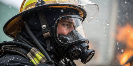 A firefighter stands resolute in rain amidst a fierce blaze, equipped with a mask and helmet, focused on controlling the fire and ensuring safety.の写真素材