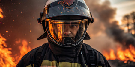 A brave firefighter stands resolutely amid a wildfire, wearing protective gear and facing the blazing flames behind him. The scene captures the urgency and harrowing nature of the situation.の写真素材