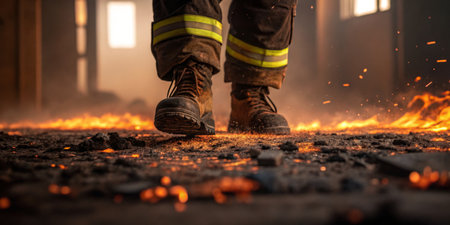 A firefighter moves cautiously over a floor covered in flames and debris, demonstrating bravery and skill during a rigorous training session designed to prepare for real emergencies.の写真素材