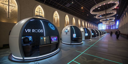 Visitors explore innovative virtual reality pods that showcase immersive technology. The environment...