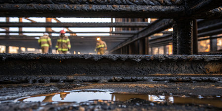 Firefighters work diligently at a charred industrial site, investigating the aftermath of a fire. The scene shows burnt metal structures and remains of extinguished flames in the background.の写真素材