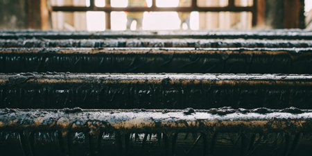 In a dimly lit industrial area, aged pipes lie horizontally, coated in moisture and grime, while workers can be seen in the background, focused on their tasks.の写真素材