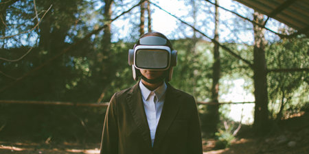 A person stands in a forest environment, wearing a virtual reality headset, fully engaged in an immersive digital experience. Sunlight filters through the trees, creating a serene atmosphere.の写真素材
