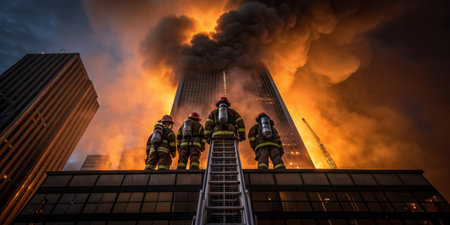 A group of firefighters in protective gear stands on a ladder, facing intense flames and smoke billowing from a tall building. The dramatic scene is illuminated by the fire.の写真素材