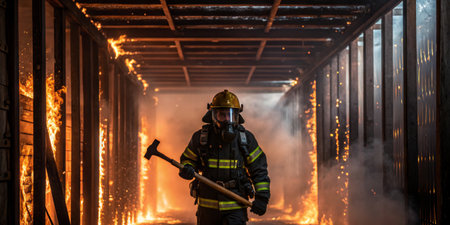 A firefighter advances through a smoke-filled corridor, surrounded by flames on both sides. Equipped with protective gear and an axe, they demonstrate courage and readiness during a training exercise.の写真素材