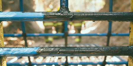 Two firefighters in protective gear are visible in the background, engaged in managing a wildfire in a forested region.の写真素材