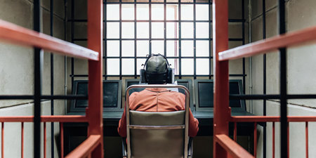 In a secure control room, a person in a helmet sits in front of several monitors, intently observing...