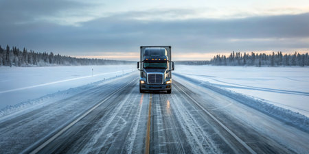 A heavy truck makes its way along a snow-covered highway at dawn, surrounded by a winter landscape filled with trees. The atmosphere is tranquil yet harsh.の写真素材