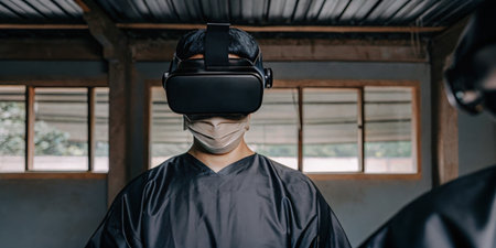 Participants engage in a virtual reality training session in a clinical environment wearing headsets...