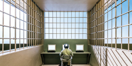 A person sits in a chair facing two computer screens inside a simple, open room with large windows...