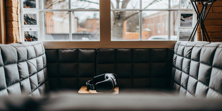 A comfortable seating space features plush benches near a large window. A headband is placed on a small table, suggesting relaxation and quiet moments.の写真素材