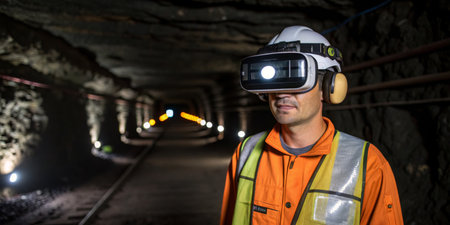 A miner equipped with virtual reality gear stands inside a dimly lit underground tunnel, surrounded...