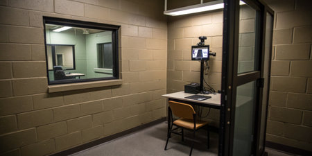A secure interrogation room features a table and chair with surveillance equipment for confidential...
