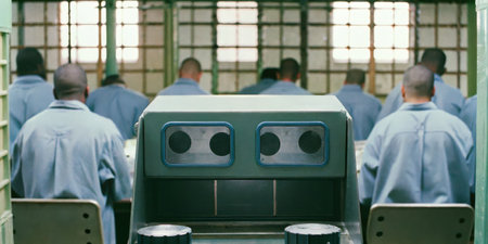 Several workers wearing blue uniforms are focused on their tasks at workstations in a facility. The...