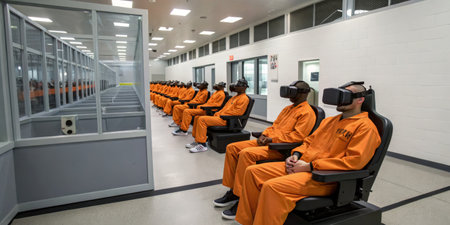 Inmates dressed in orange jumpsuits engage in a virtual reality rehabilitation program within a...