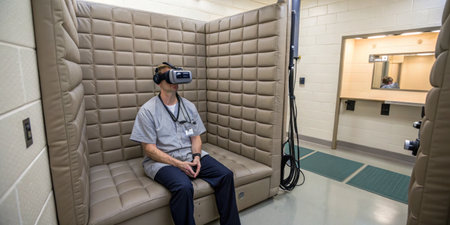 A person uses virtual reality equipment seated in a padded booth designed for therapy, promoting a...