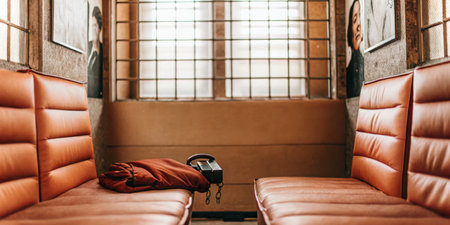 A cozy room features brown leather benches arranged around a vintage telephone. Natural light filters through window bars, and art adorns the walls, creating a welcoming atmosphere.の写真素材