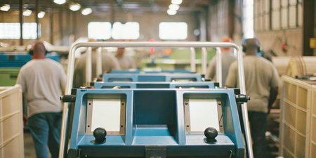 A group of workers is focused on assembling equipment inside a manufacturing facility. The spacious...