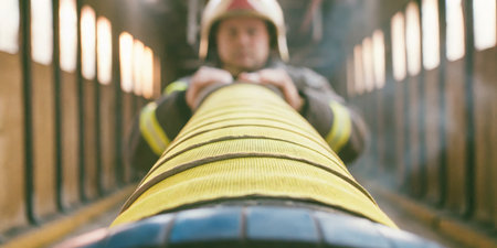 A firefighter is focused on preparing a yellow hose in a clearly structured fire station, surrounded by sunlight streaming through the windows, indicating active training.の写真素材