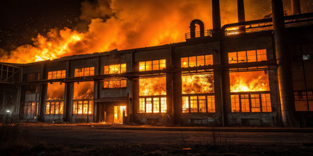 Flames fiercely consume the derelict structure of a factory at night, illuminating the dark surroundings with a bright orange glow and creating a dramatic atmosphere.の写真素材