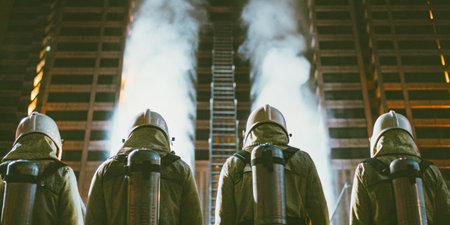 Four firefighters don protective gear and tanks, readying themselves for an intense training...
