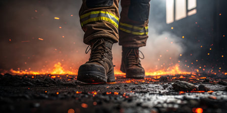 Footsteps of a firefighter are visible as they navigate through a dangerous area filled with smoke...