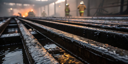Amidst heavy smoke and dim light, firefighters work diligently to extinguish a raging fire in a warehouse. Water streams down the charred beams, creating a tense atmosphere.の写真素材