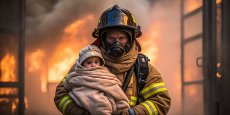 A firefighter in protective gear holds a wrapped child close while navigating a dangerous situation in front of a blazing fire. The scene captures urgency and bravery during a rescue effort.の写真素材