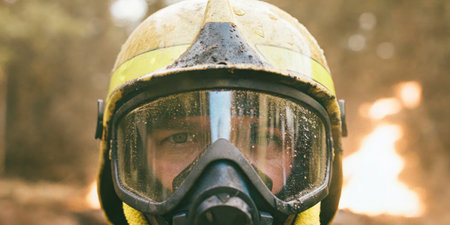 A determined firefighter stands front and center, wearing a helmet and goggles, ready to tackle a...