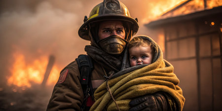 A firefighter carries a child wrapped in a blanket away from the devastating wildfires in a rural location. Dense smoke and flames fill the background, highlighting the urgency of the rescue.の写真素材