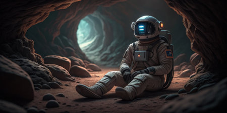 An astronaut sits quietly on the rocky ground inside a cave, surrounded by intricate stone formations. Soft light emanates from deep within the cave, creating an otherworldly atmosphere.の写真素材