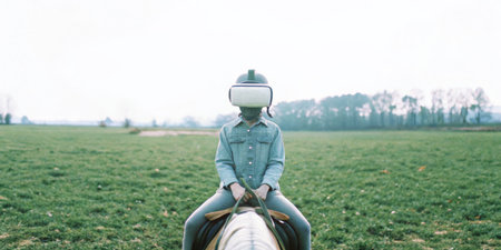 A child wearing virtual reality goggles sits on a horse in an open green field. The atmosphere is...