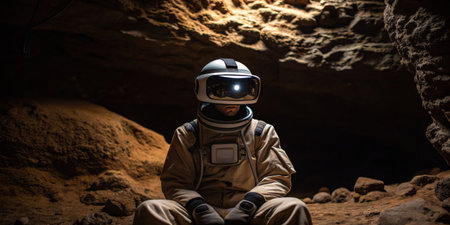 A person dressed as an astronaut sits quietly in a cave, surrounded by rugged rock formations. The...