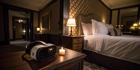 A serene bedroom features a virtual reality headset placed on a wooden table beside a lit candle. Soft lighting from bedside lamps enhances the cozy atmosphere.の写真素材