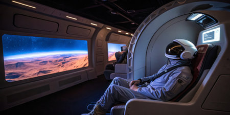 Inside a sleek spacecraft cabin, an astronaut in a space suit sits comfortably in a seat, gazing out...