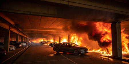 Flames rage through an underground parking structure, consuming parked cars while firefighters struggle to contain the blaze in the late evening. Smoke fills the air, adding to the urgency.の写真素材
