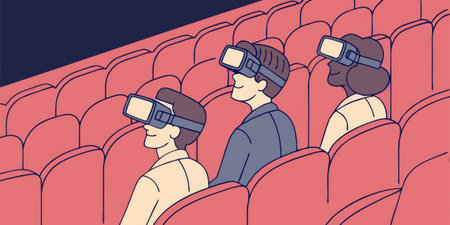 Three individuals are seated in a theater, wearing virtual reality headsets while engaged in an...