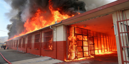 Flames and thick smoke billow from a structure in an urban setting, showcasing the intensity of the fire as firefighters respond to the emergency.の写真素材